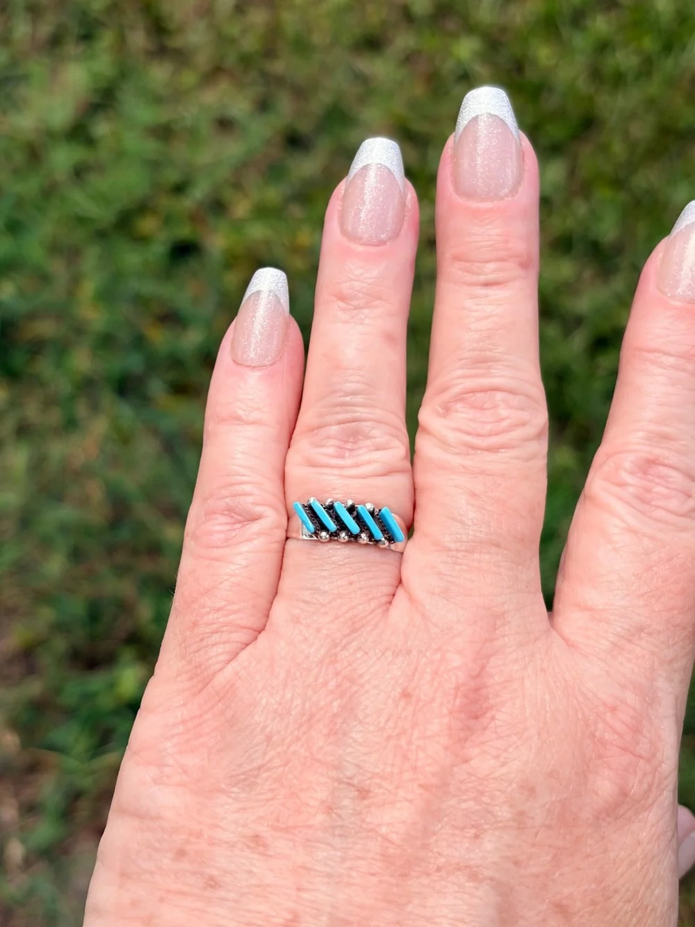 Cletus Lamy Signed 925 Sterling Silver Kingman Turquoise Inlay Chevron Ring